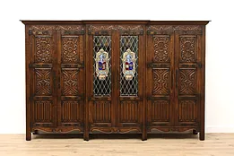 Spanish Colonial Antique Carved Oak Office Bookcase, Stained Glass Doors #43435
