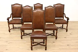 Set of 6 Antique Spanish Colonial Embossed Leather Dining Chairs #43001