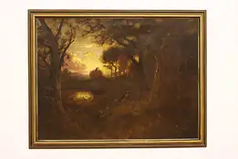 Hay Wagon at Sunset with Figures Antique Original Oil Painting 44" #43068