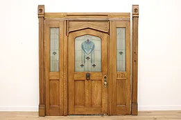 Art Nouveau Antique Oak Seven Piece Front Door Architectural Salvage #43480