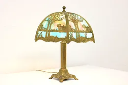 Stained Glass Curved 6 Panel Farm Scene Shade Antique Lamp #41255