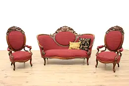 Victorian Carved Rosewood Antique 3pc Sofa & Chairs Set #43660