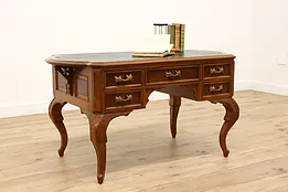 Victorian Antique Walnut & Burl Office or Library Desk, Leather Top #43656
