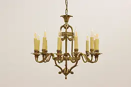 French Design Antique 12 Beeswax Candle Brass Chandelier, Flowers #43178