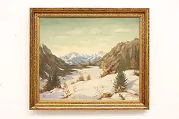 Snowy Mountain Valley Vintage Original Oil Painting, Bocher 27.5" #42585