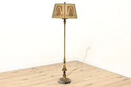 Brass Antique Floor Lamp, Painted Screen Shade, Marble Base #42006