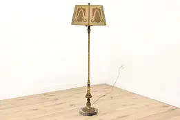 Brass Antique Floor Lamp, Painted Screen Shade, Marble Base #42006