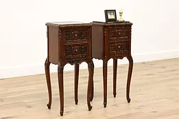Pair of French Design Vintage Walnut Nightstands, End Tables, Marble Tops #43511