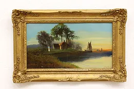Cottage & Shore with Sailboat Antique Original Oil Painting, Davis 23" #42584