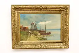 Dutch Windmills & Village Antique Original Oil Painting, Van Allen 33.5" #42587