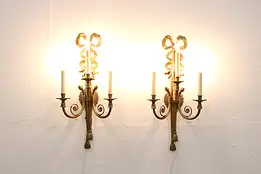 Pair of Ornate Brass Triple Wall Sconces, Tassel & Pine Cone Motifs #43366