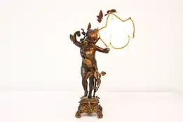 Art Nouveau Antique Bronze Young Girl & Flower Lamp, Goldscheider #43339