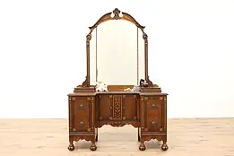 Tudor Design Antique Carved Walnut Vanity or Dressing Table & Mirror #43110