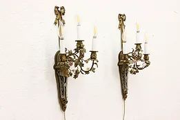 Pair of Antique Brass Wall Sconces, Glass Beads, Porcelain Flowers #43070