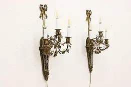 Pair of Antique Brass Wall Sconces, Glass Beads, Porcelain Flowers #43070