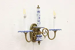 Blue Delft China & Brass Vintage Triple Wall Sconce #43778
