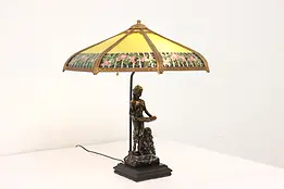 Art Deco Antique Bronze Sculpture Lamp, Stained Glass Shade #42630