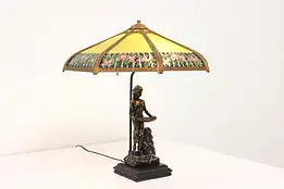 Art Deco Antique Bronze Sculpture Lamp, Stained Glass Shade #42630