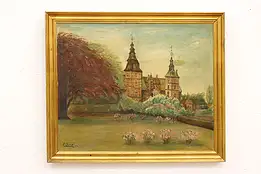 Scandinavian Church & Courtyard Antique Original Oil Painting Kragh 25.5" #43786