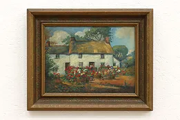 Thatched Cottage & Garden Antique Original Oil Painting Brocklebank 21.5" #43785