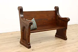 Gothic Carved Antique Ash & Elm Church Pew or Hall Bench #43776