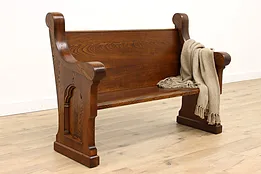 Gothic Carved Antique Ash & Elm Church Pew or Hall Bench #43777