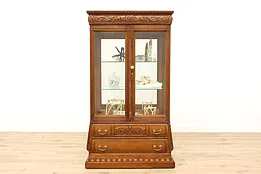Victorian Antique Carved Oak Display or Collector Cabinet, Beveled Glass #43669
