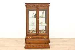 Victorian Antique Carved Oak Display or Collector Cabinet, Beveled Glass #43669