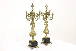 Pair of Classical Antique 6 Arm Brass Candelabra, Lion Heads, Marble #42104