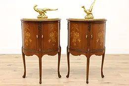 Pair of French Style Marble & Marquetry Demilune Nightstands, End Tables #43796