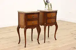 Pair of French Design Vintage Marquetry Nightstands or End Tables, Marble #43789