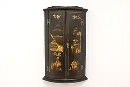 Victorian Antique Hand Painted Chinoiserie Lacquer Wall Corner Cupboard #43405