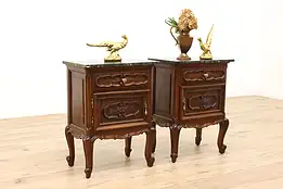 Pair of Italian Piedmont Antique Carved Walnut Nightstands, Marble Tops #34203