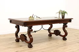 Spanish Colonial Vintage Carved Library Desk or Dining Table, Sanchis #43002