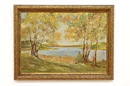 Autumn Lake & Marsh Antique Original Oil Painting, Heubacher 21" #43395