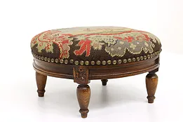 French Antique Carved Round Footstool, Needlepoint & Petit Point #43685