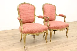 Pair of French Antique Carved & Gilt Chairs, Recent Upholstery #43683
