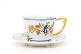 French Vintage Quimper Hand Painted Cup & Saucer, Brittany France #44045