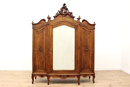 French Antique Carved Walnut Triple Armoire, Wardrobe, or Closet #43772