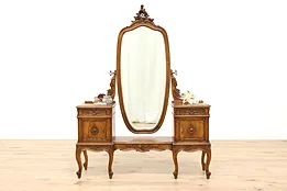 French Antique Carved Walnut Vanity or Dressing Table, Mirror #43771