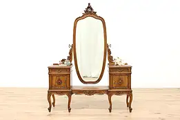 French Antique Carved Walnut Vanity or Dressing Table, Mirror #43771