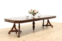 Victorian Eastlake Antique 48" Walnut Dining Table, 6 Leaves Extends 10' #42008