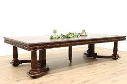 Monumental Antique Carved Oak 60" Square Dining Table, Extends 130" #43749