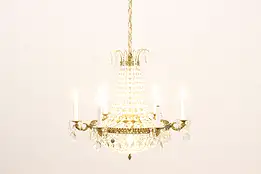 Swedish Vintage 6 Candle Brass Chandelier Crystal Prisms #43900