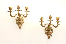 Pair of French Gilt Bronze Antique Triple Wall Sconces, Cherub Motifs #43025