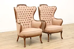 Pair of French Design Vintage Carved Wingback Chairs #43767