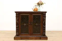 Renaissance Antique Italian Walnut Bar or Hall Cabinet, Carved Sculptures #42183