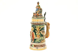 German Folk Art Antique Liter Beer Stein or Mug, Painted Hunter & Animals #43896