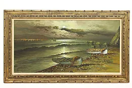 Moonlight & Rowboats Midnight Vintage Original Oil Painting Torrielli 57" #44125