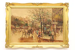 Paris Street Corner Scene Vintage Original Oil Painting 42.5" #44121